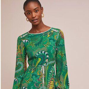 MAEVE Anthropologie Janis Dress Green Long Sleeve peacock 8P dots buttons